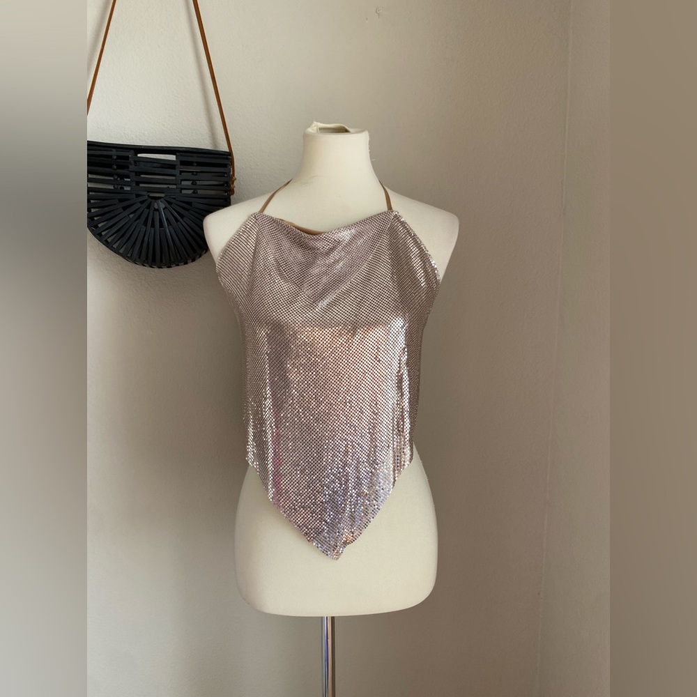 Spoon Jeans Sparkle Chainmail Tie Top, Size Medium
